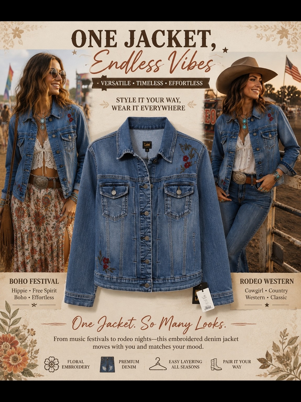 Lee Denim Jacket NWT Women’s M Embroidered Boho Hippie Western Festival